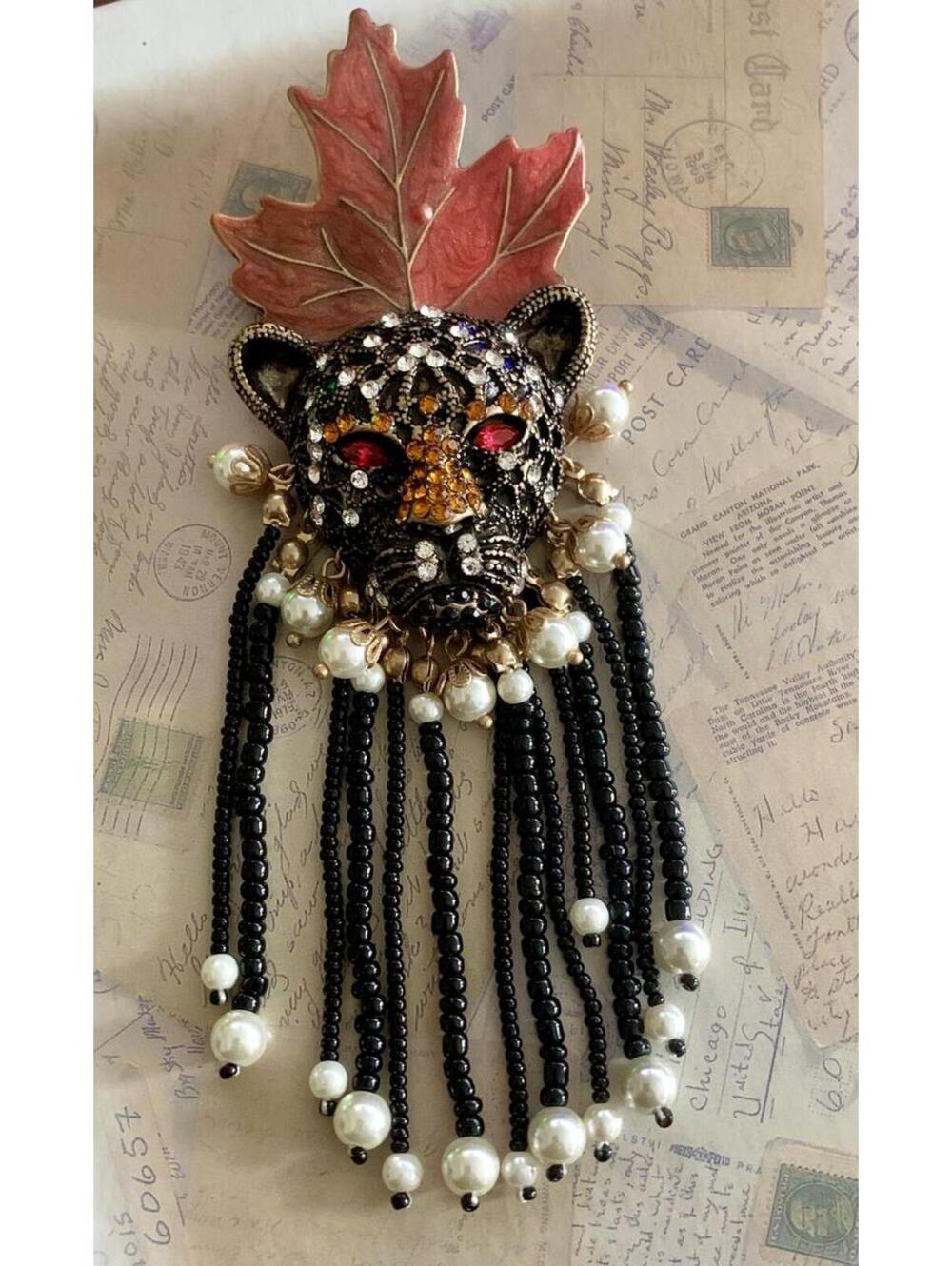 Maximalist Rhinestone Panther Head Enamel Leaf Brooch Beaded Fringe Pin